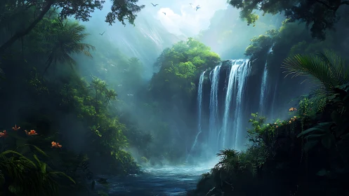 Majestic Waterfall Haven in the Misty Forest.