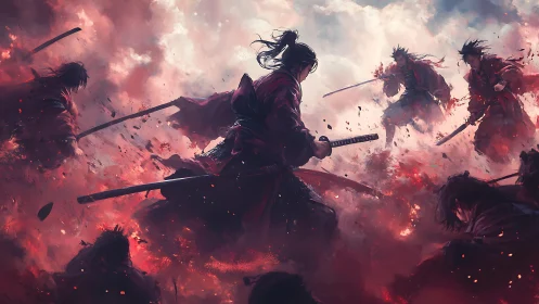Central samurai silhouette confronts multiple foes in red particle haze