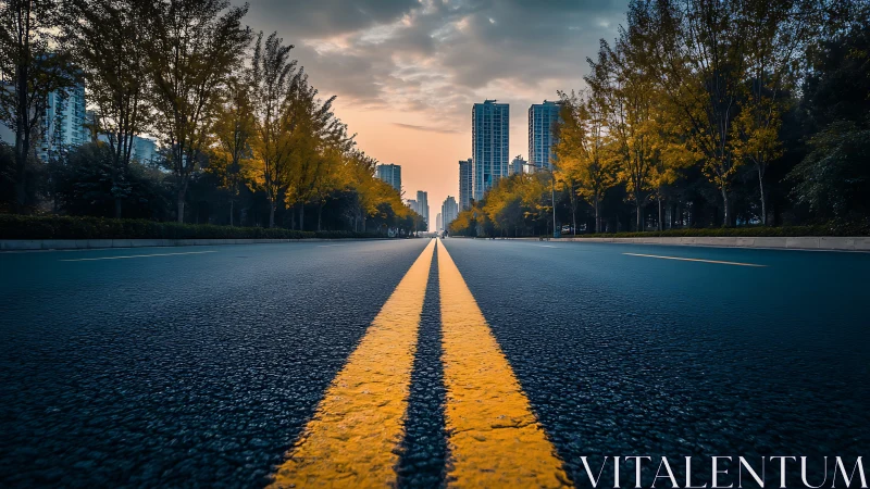 Golden city avenue stretching into a soft sunrise glow.