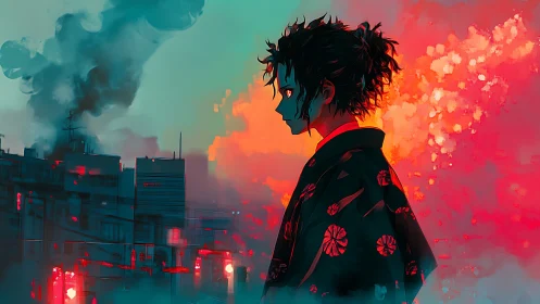 Side profile of anime figure over neon urban skyline.