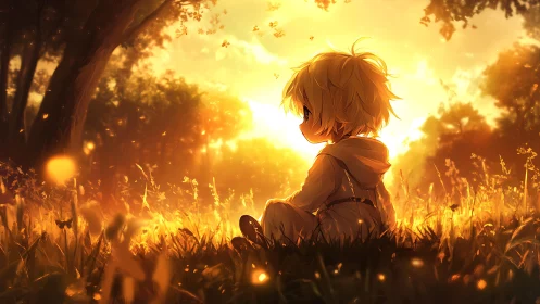 Golden-haired child watches a glowing forest sunset quietly.