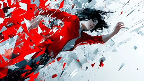 Dynamic figure in red amid fragmented geometric shards.