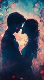 Silhouetted Couple Kissing Amid Luminous Floral Particles and Warm Light