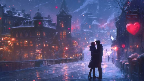 Winter cityscape digital artwork featuring couple on snowy street