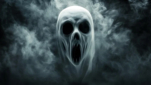 Ghostly spirit in swirling misty smoke, eerie yet inviting.