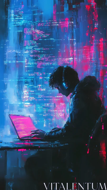 Focused coder at neon laptop in moody digital environment.