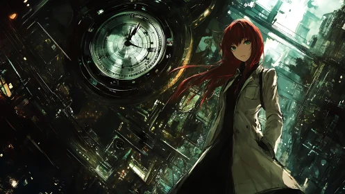 Red‑haired scientist defies time beneath a colossal clock