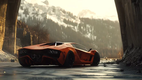 Orange supercar rests under alpine overpass in dusk light.
