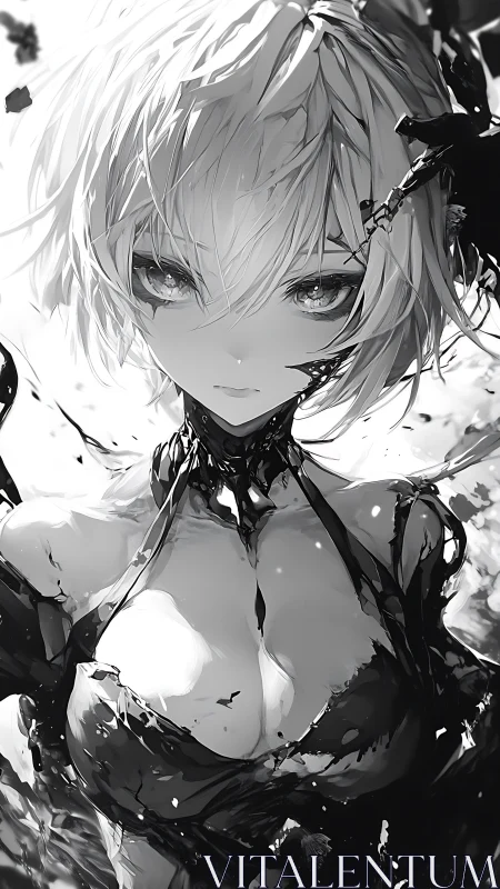 Monochrome android girl bound in flowing black ink shards.