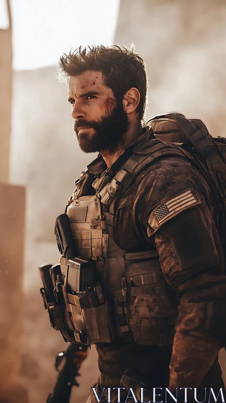 Battle-hardened soldier stands in dusty urban warzone light