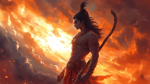 Warrior archer deity in flaming dusk skyside profile