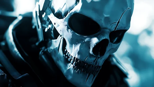 Cybernetic skull operative in cold blue cinematic light.