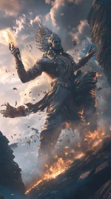 Colossal celestial guardian strides through storm and flame.