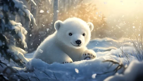 Snowlit polar cub basking in falling crystal flakes of dawn.