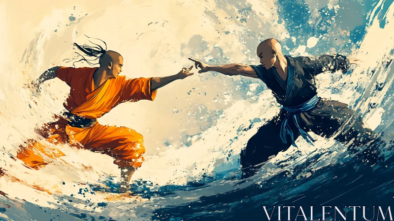 Martial artists channeling opposing water currents mid clash.