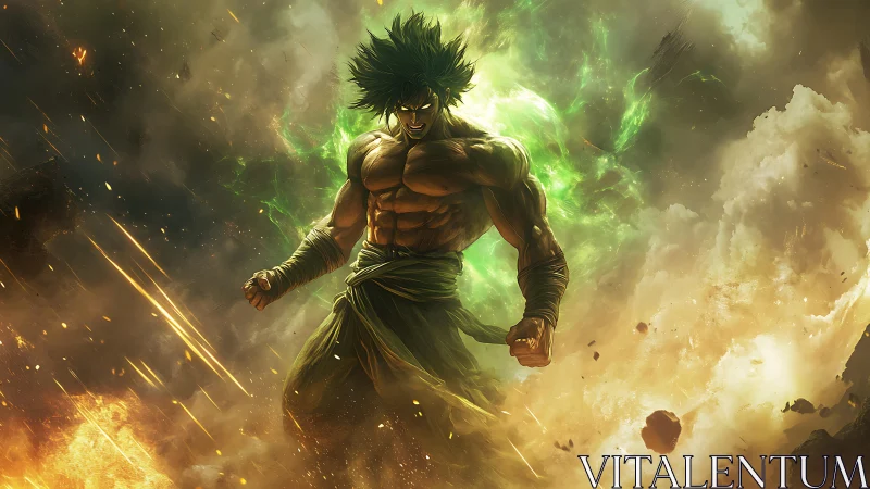 Muscular green-haired warrior amid explosive energy field.