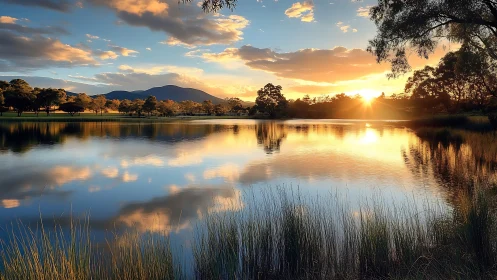 Sunlit lake horizon captures mirrored clouds and distant ridges