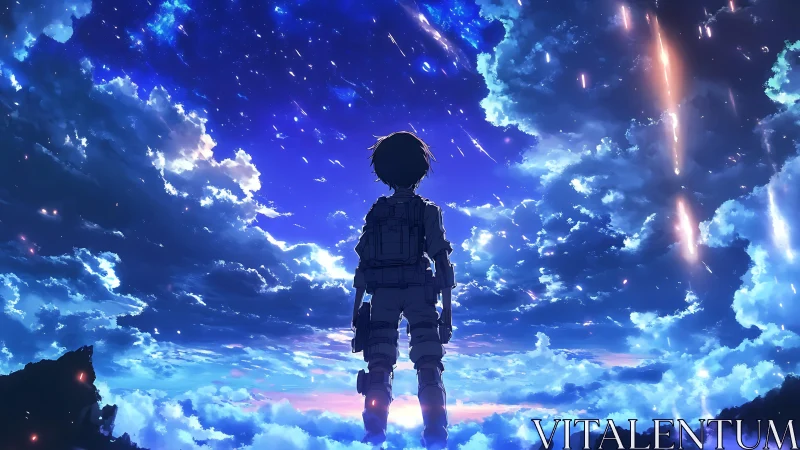 Solitary anime explorer watching falling stars above clouds.