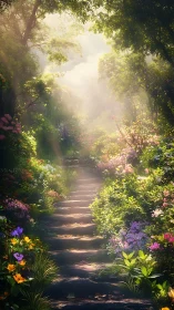 Sunlit garden stairway ascending into a dreamlike forest glow.