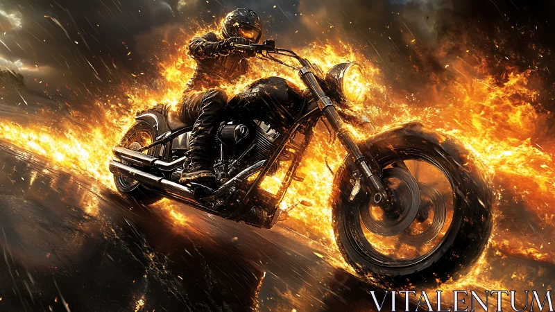 Flaming street racer surging through stormlit inferno night.