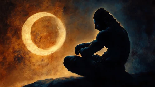 Eclipsed warrior meditates beneath a burning celestial halo.