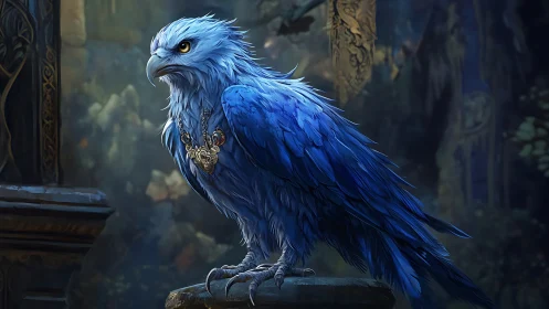 Majestic Blue Fantasy Bird Perched in Enchanted Forest, Digital Art.
