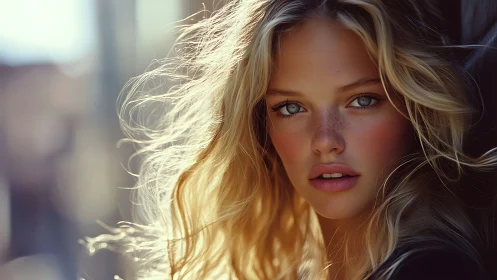 Sunlit blonde portrait with luminous blue eyes, soft focus.