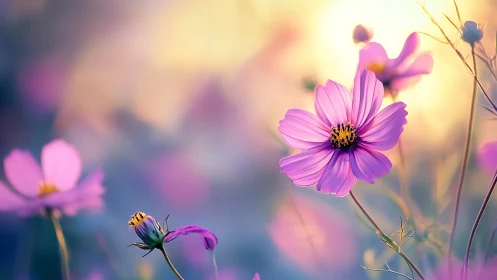 Cosmos Flowers Dancing in Golden Twilight.