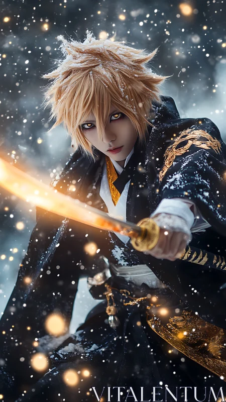 Snowlit swordsman poised in a storm of golden sparks.