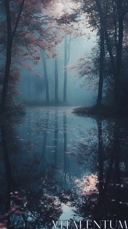 Misty Forest Waterway with Blossoming Trees and Atmospheric Reflection