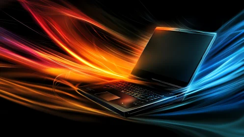 Laptop with dynamic light trails on black background.