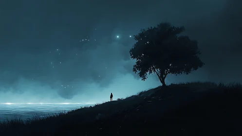 Solitary figure gazes across a moonlit shore beneath stars