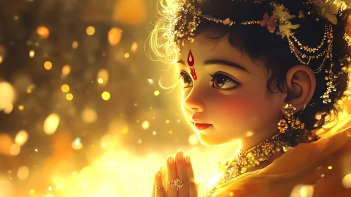 Golden child in prayerful light and gentle divine glow.