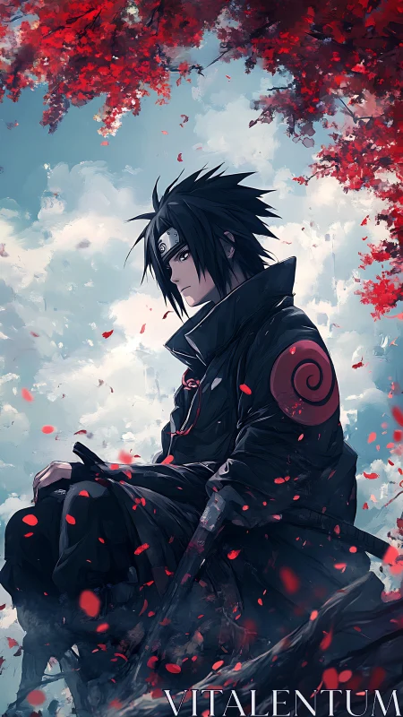 Brooding ninja rests beneath crimson autumn canopy.