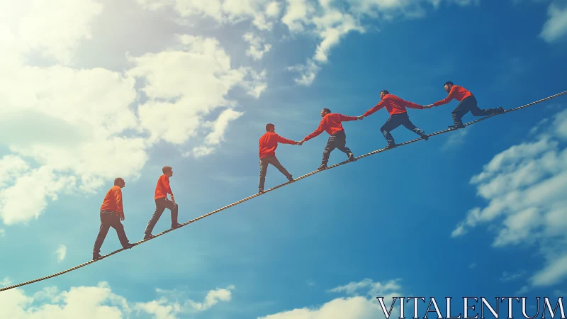 Rope walking figures in red sweaters linked across sky.