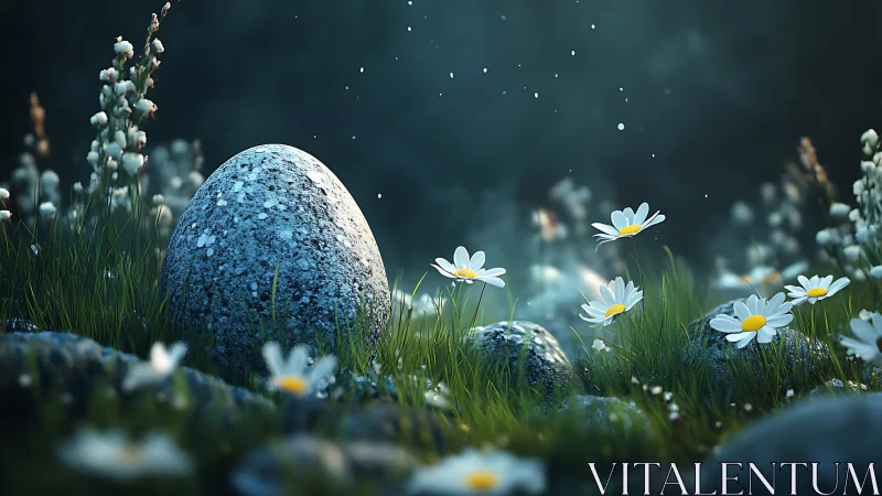 Misty meadow egg cradled among glowing wild daisies.