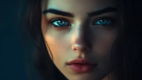 Glimmering blue eyes meet soft light in a calm portrait