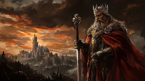 Battle-worn king in armor before burning fantasy citadel.