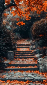 Stone steps climb through a fiery autumn forest passage