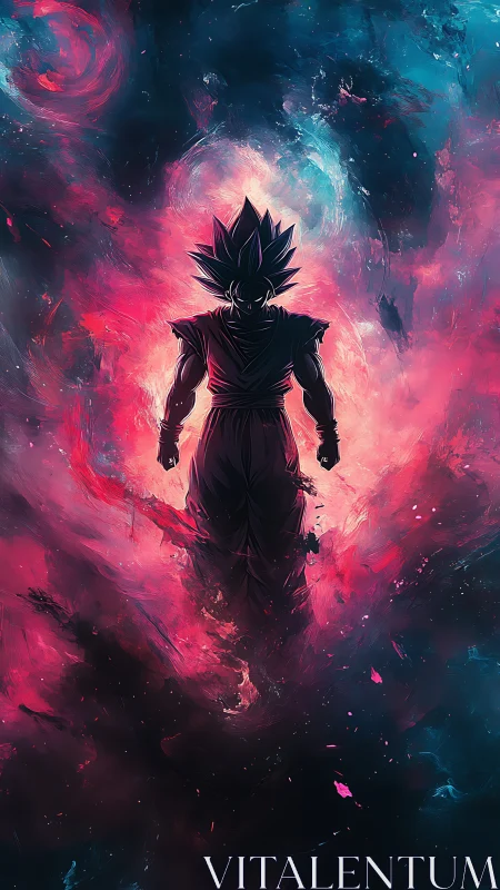 Stellar warrior ascends through neon cosmic firestorm.