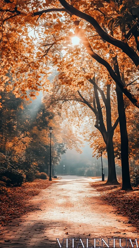 Photorealistic autumn tree tunnel with luminous brick pathway.