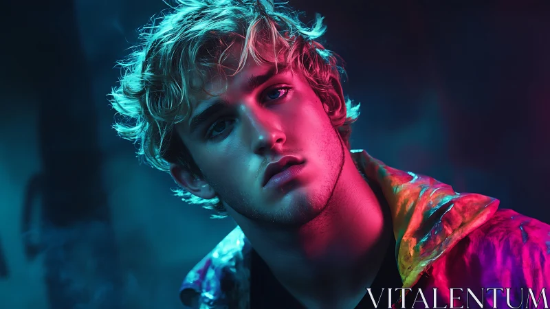 Neon-lit portrait of moody youth in chromatic jacket.