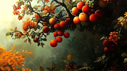 Sunlit orchard boughs heavy with glowing autumn fruit.