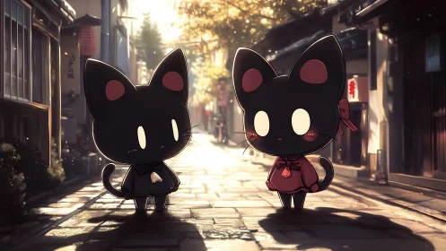 Black Cats in Sunlit Alley. Golden Hour Street