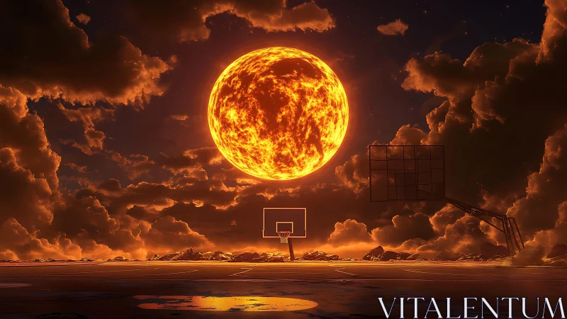 Solar corona over abandoned dusk basketball court horizon