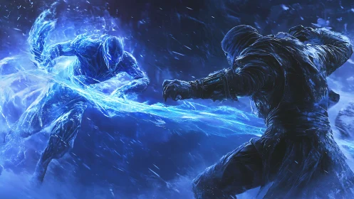 Cryo-cinematic duel between ice entity and armored warrior.