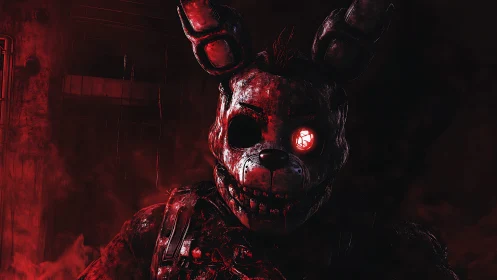 Red lit robotic rabbit horror character in dark scene.