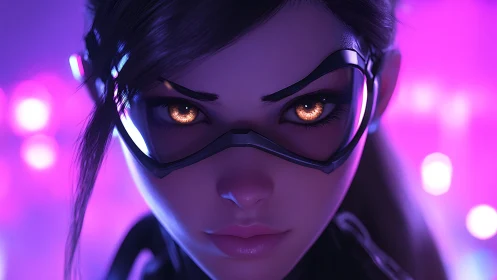Fierce cyber heroine meets your gaze in glowing neon light