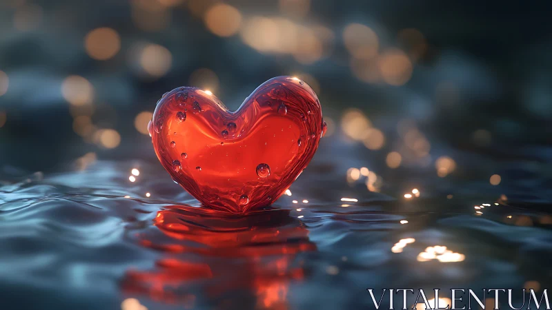 Luminous Red Heart Floating in Water with Golden Bokeh