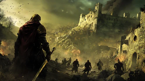 Cinematic fantasy siege with armored knight and ruined citadel.
